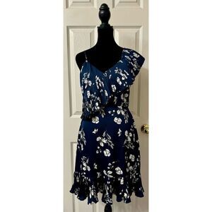 NWOT Lucy Paris Dark Blue Floral Dress Asymmetric Pleated Sleeve Lined Dress S